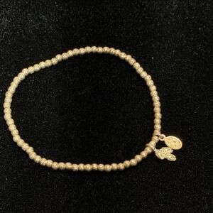 J&J Beaded Stretch Bracelet OS Gold‎ Crystal Butterfly Charm Logo Tag